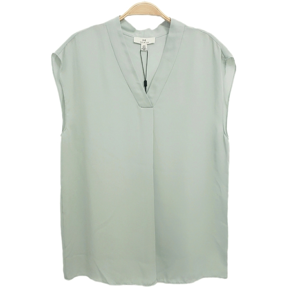 New HALSTON Chiffon Extended Shoulder V-Neck Blouse sz S